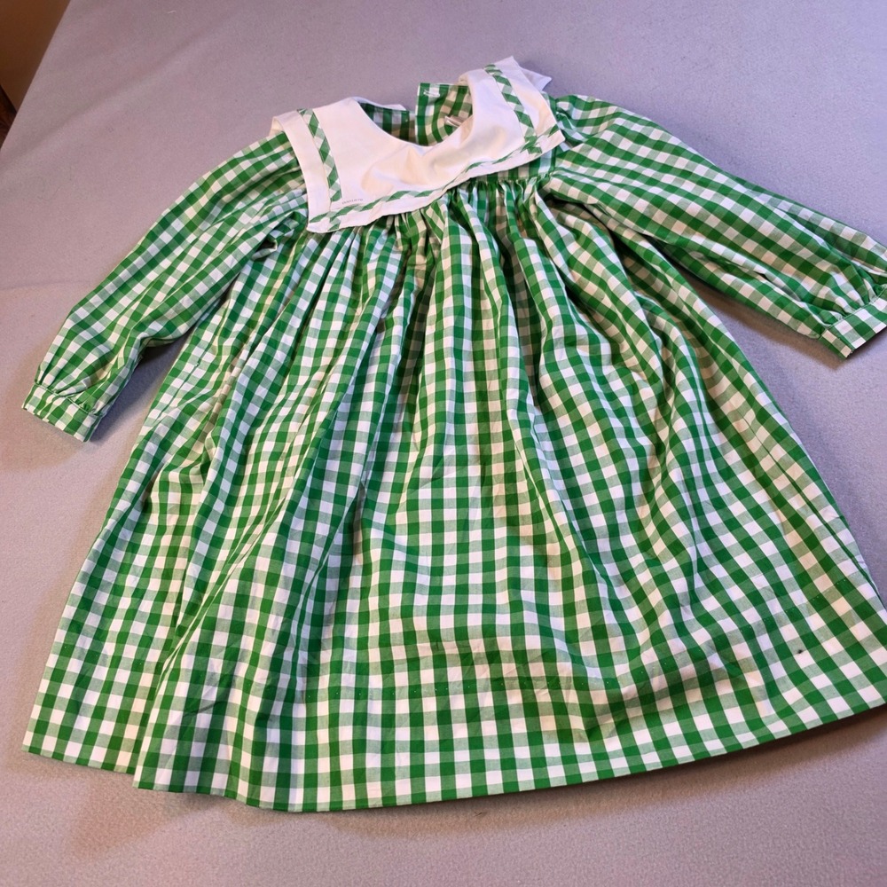 Delaney Girls Green White Gingham Check Long Sleeve Dress Peter Pan Collar 4T